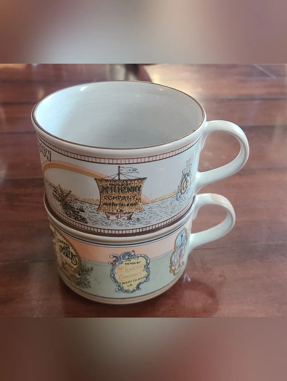 Vintage D.H. Holmes Louisiana Fabled Labels Gumbo Mugs - Set of 2 (Tabasco &...